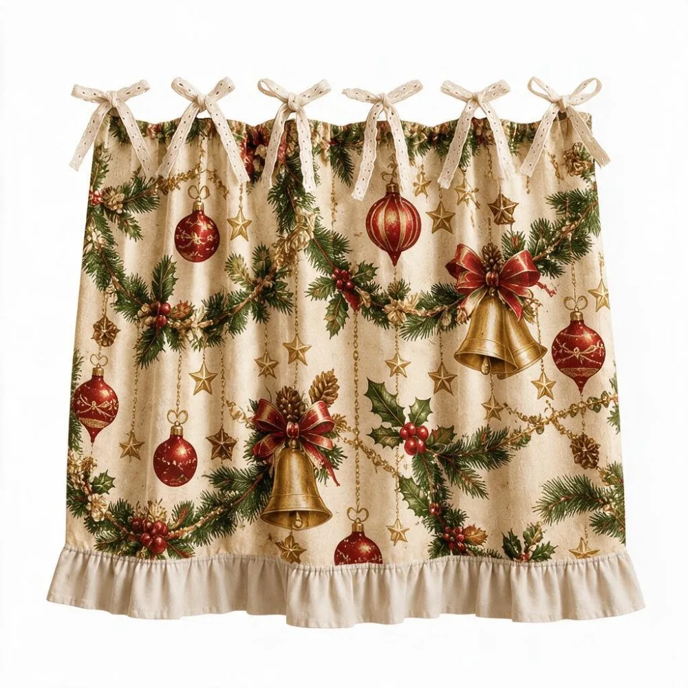 Xmas Tree Snowflake Printed Christmas Oven Short Curtain Ruffled Edge Decorative Kitchen Stove Short Curtain