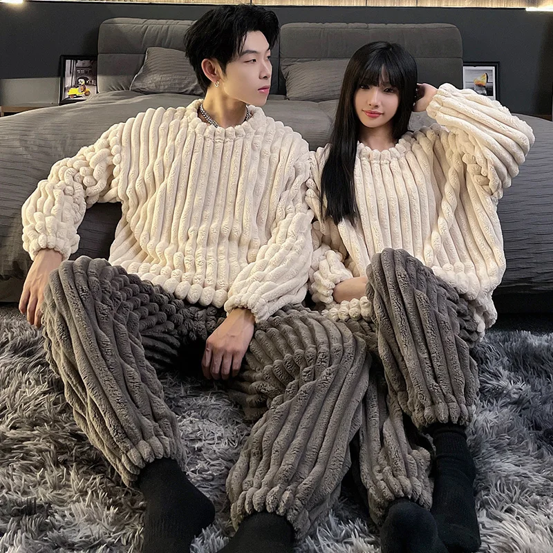 Couple Pullover Winter Thickened Flannel Pajamas Women Cute Cartoon Coral Velvet Men\'s Home Suit Warm Stripe Oversize Pajamas