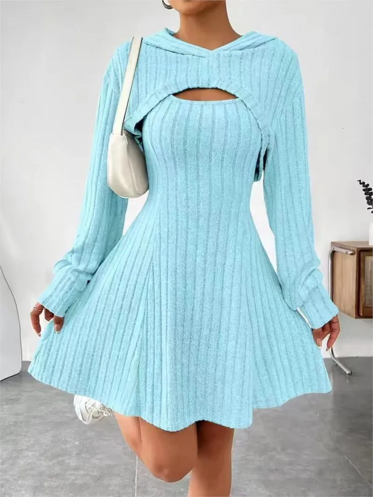 Herfst Winter Mode Gebreide Dames Rokkostuum Lange Mouwen Hoodie Top + Elegante Vrouwelijke Mouwloze A-lijn Tank Top 2-delige Set
