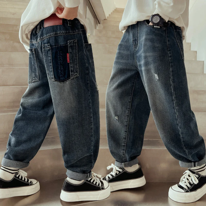 Teenager Boys Jeans 4-14 Years Slim Fit Casual Long Trousers Spring Autumn Handsome Kids Fashion Birthday Present Stylish Pants