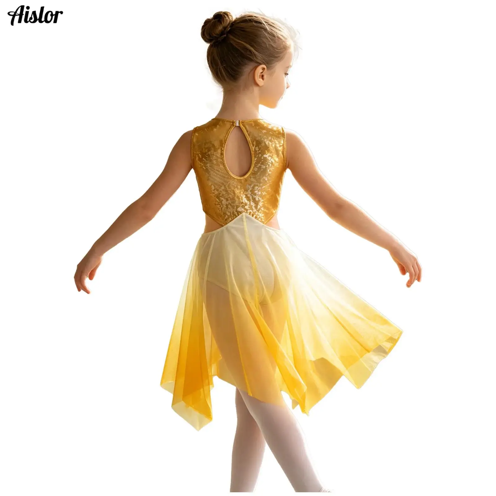Kids Girls Lyrical Ballet Jazz Dance Dresses Cutout Waist Keyhole Back Metallic Bodice Asymmetrical Gradient Color Mesh Dress