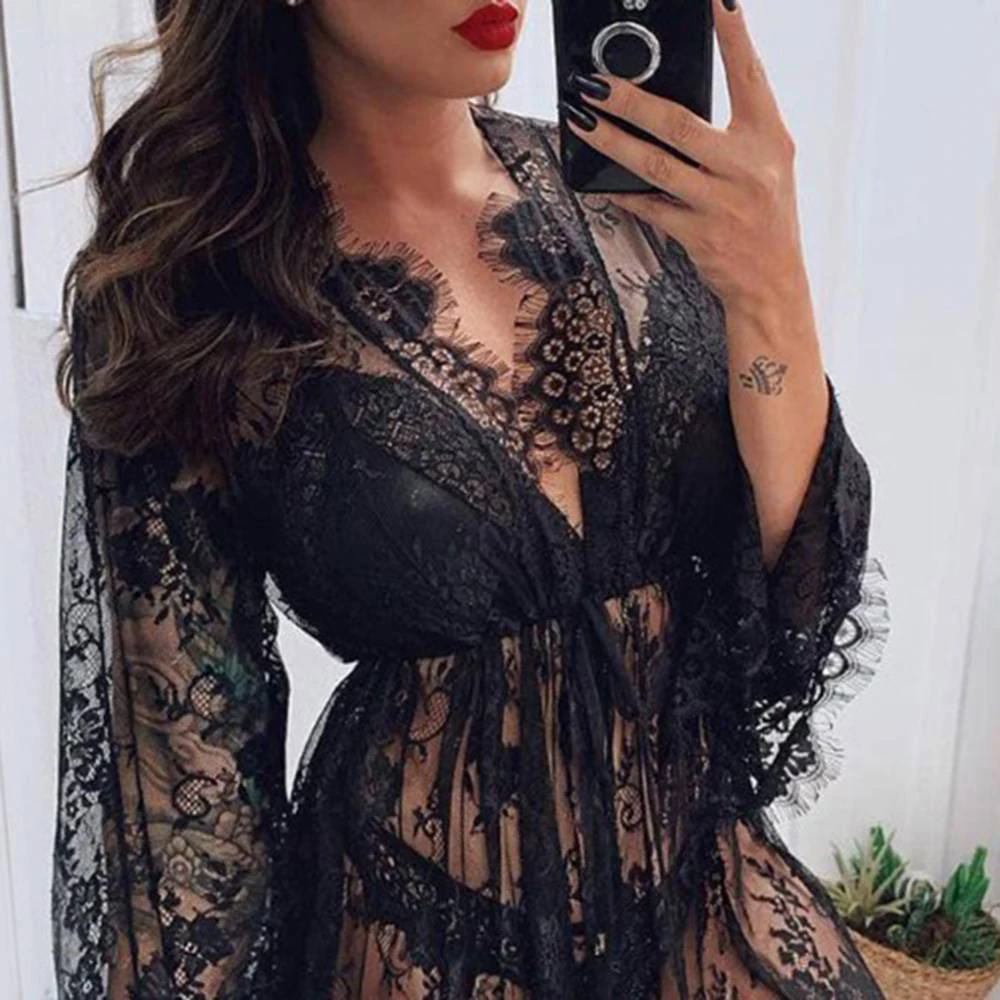 Camisola de renda pura malha feminina, lingerie sexy, roupa de dormir babydoll, camisola, roupões de banho, pijama, peluche