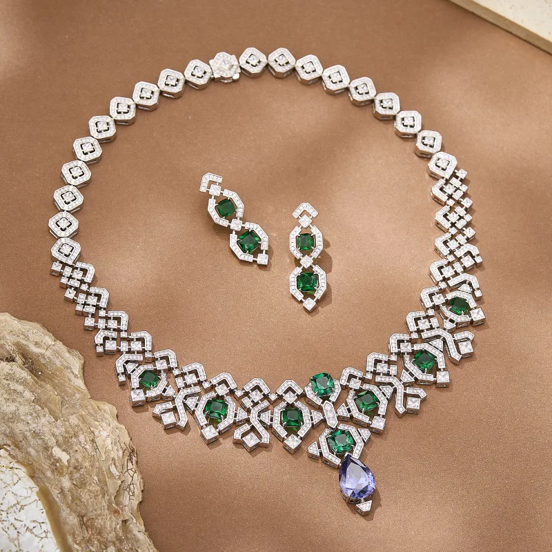 Light Luxury Retro Geometric Emerald & Purple Drop CZ Jewelry Set Gold Plated Dangle Earrings Necklace Women Party Jewelry