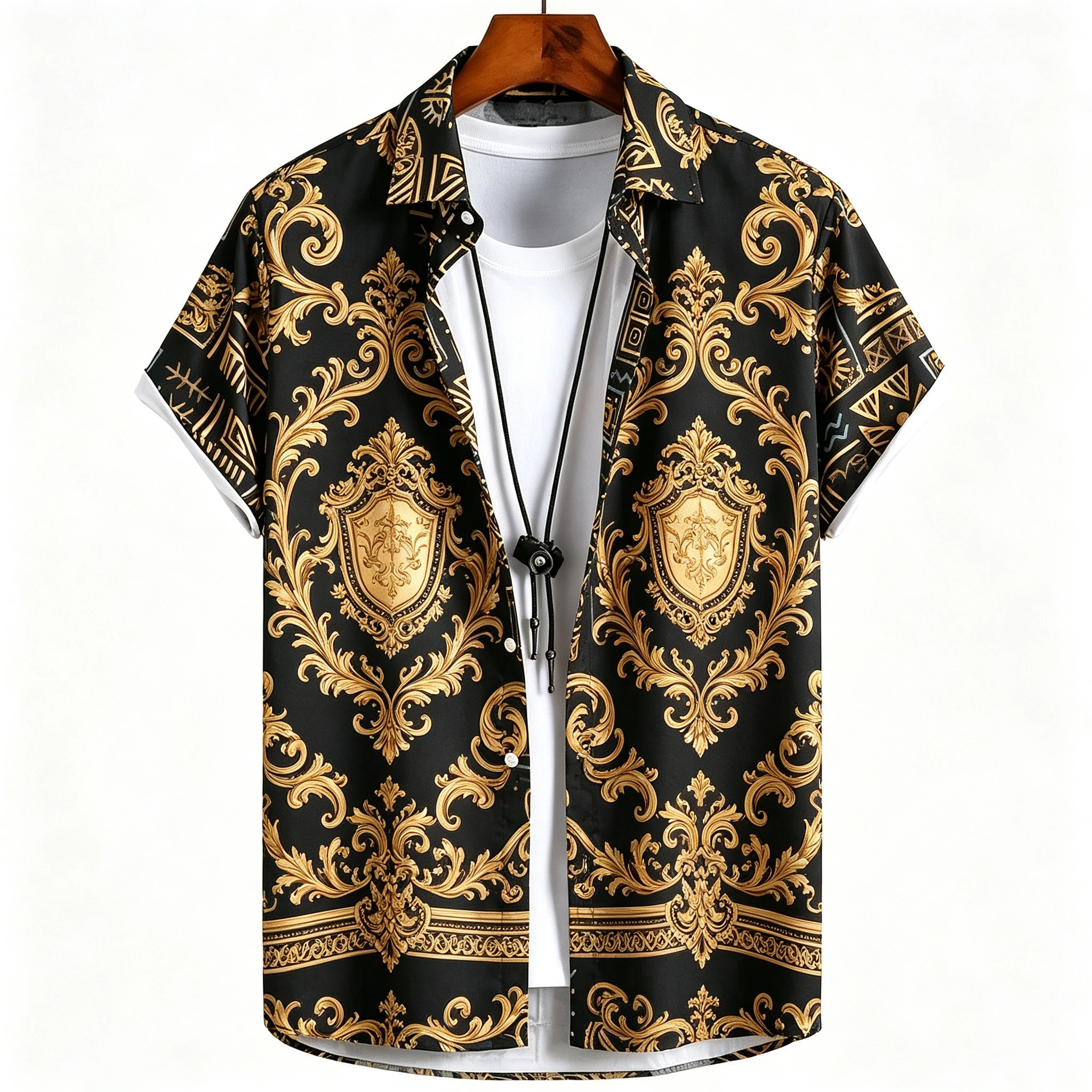 Men's short-sleeved collared shirt, patterned loose-fitting casual cardigan shirt
