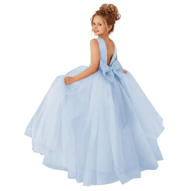 

Sky Blue Flower Girls Dresses Tulle Pearl Belt With Bow Sleeveless For Wedding Birthday Party Banquet Princess Gowns