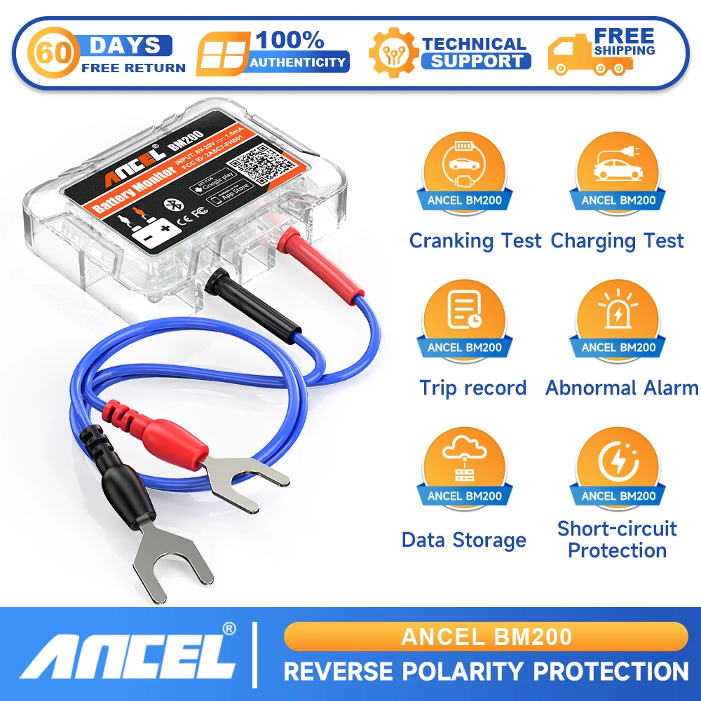 

ANCEL BM200 12V Car Motorcycle Battery Monitor Wireless Bluetooth Android IOS Car Battery Health Monitoring Battery Tester Tools