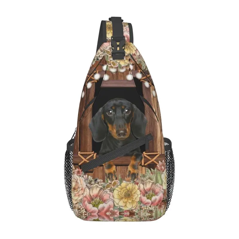 

Dachshund Dog And Floral Pattern Sling Bag Men Badger Sausage Wiener Shoulder Crossbody Chest Backpack Cycling Camping Daypack