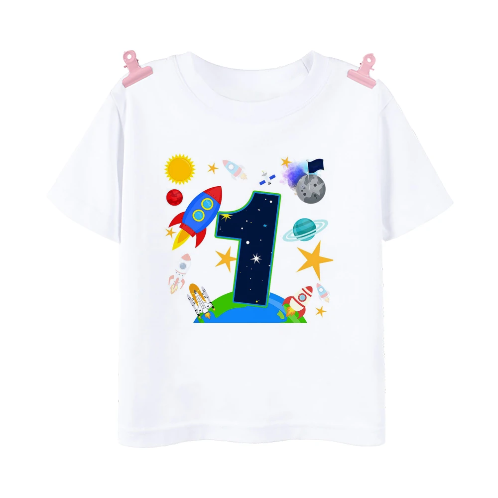 Camiseta con estampado de cohete aeroespacial para niños, traje de fiesta de cumpleaños con tema aeroespacial, Tops para niños y niñas, 1-10