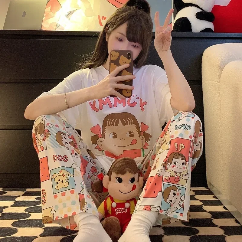 140Kg Large Size Korean Ins Pajamas Set for Women Cartoon Short Sleeve Trousers Can Be Worn Outside 2-piece Loose Home Clothes