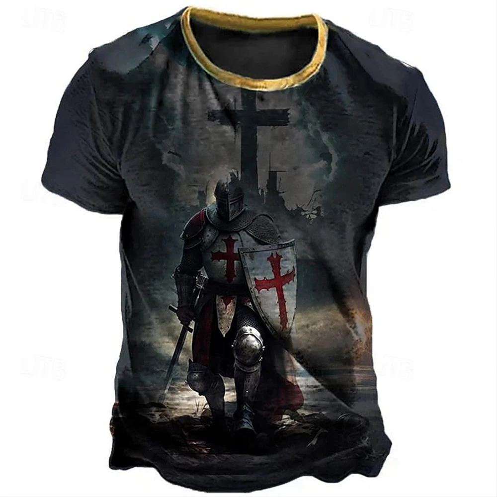 Vintage T-shirt For Men 3D Knight Print Tops Street Hip Hop O-neck Short Sleeve T Shirt Oversized Tee Shirt Men Clothing 2024