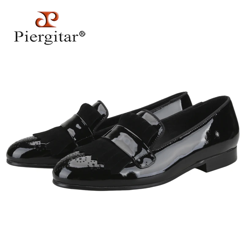 

Piergitar New Style Handmade Patent Leather Shoes With Classical Brogue Printing And Suede Fringe Party/Wedding Men's Loafers