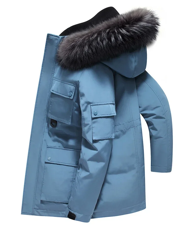 Winter Ski Donsjack Heren Lange Casual Dikke Warme Bontkraag Witte Eendendons Parka High-End Werk Mannelijke Waterdichte Jas Met Capuchon