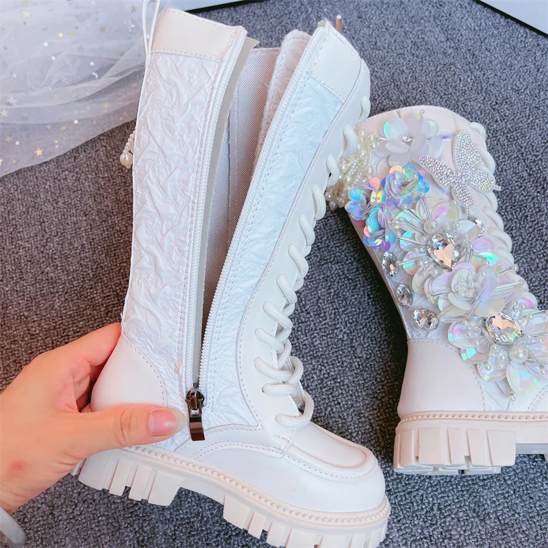 Girls High Boots 2023 Autumn Winter Toddler Kids Princess Fashion Brand Knee Long Boots Children Crystals Flower Handmade Shoes