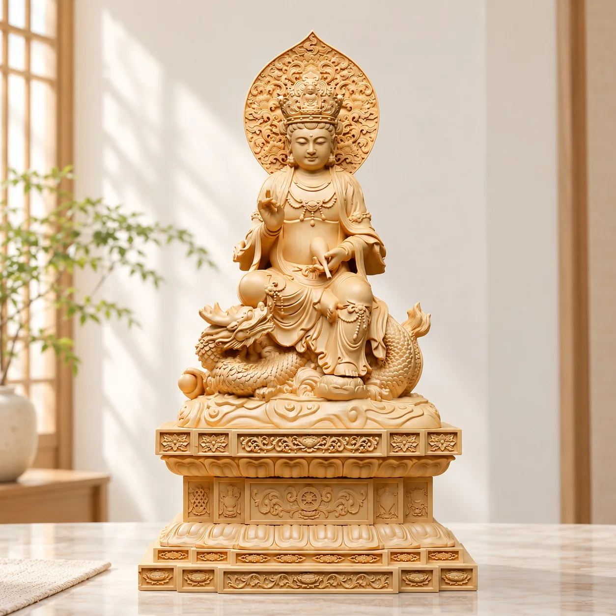 Hand Carved Wood Dragon Riding Guanyin Statue Chinese Buddhist Traditional Home Temple Living Room Tabletop Ornament Gift