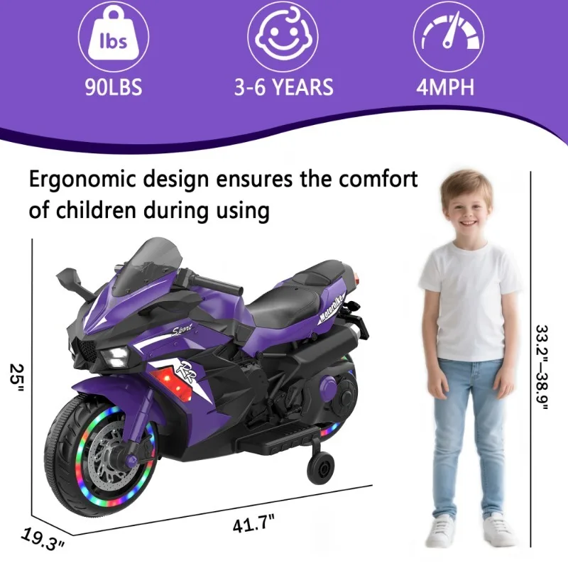 Motocicleta infantil de 12 V, motocicleta eléctrica de 3-4 años, motocicletas violetas para niños hacen uso completo de USB y MP3
