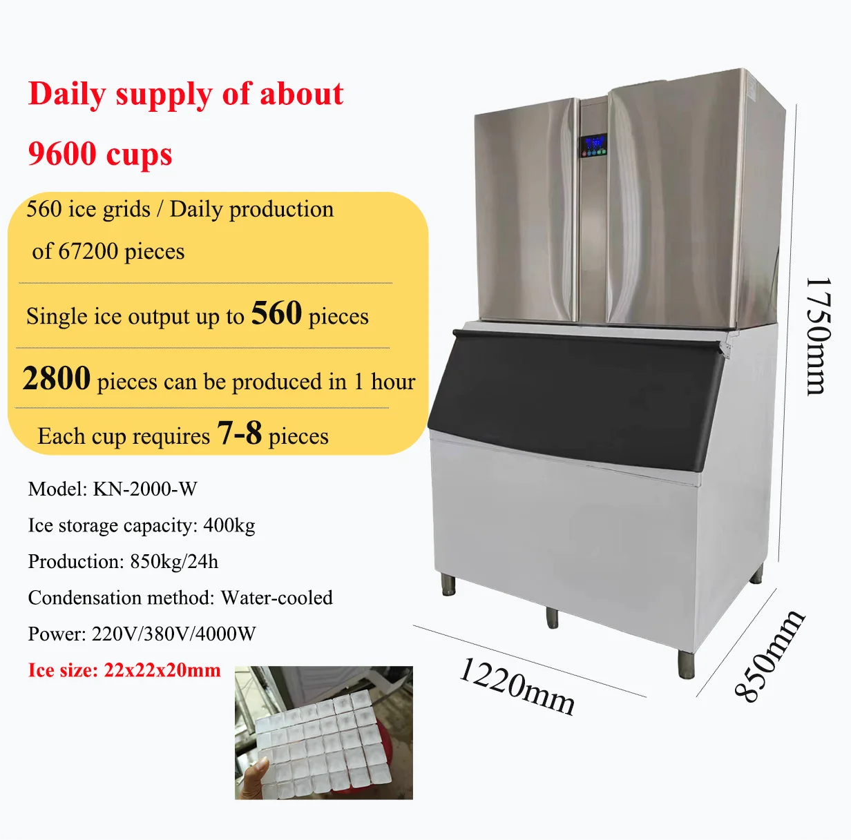 1000Kg/1ton Commercial Large Cube Ice Machine Fully Automatic Suitable For Seafood Milk Tea Bars KTVs Ice Maker For Business