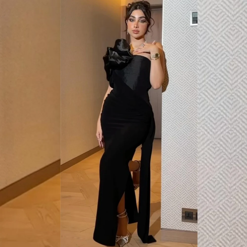 

Customized Fashion Jersey Flower PleatStraight Strapless Long Dresses Bespoke Occasion High Quality Retro