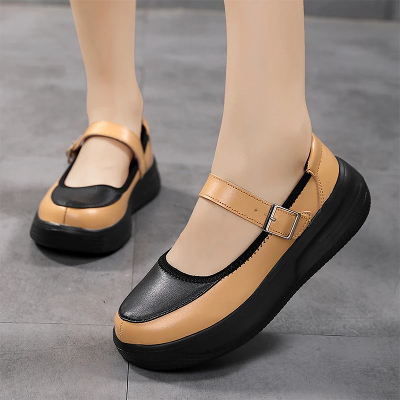 

2025 Women's thick-soled black leather shoes loafers flat soft bottom non-slip lace-up mid-heel lightweight work shoes platform
