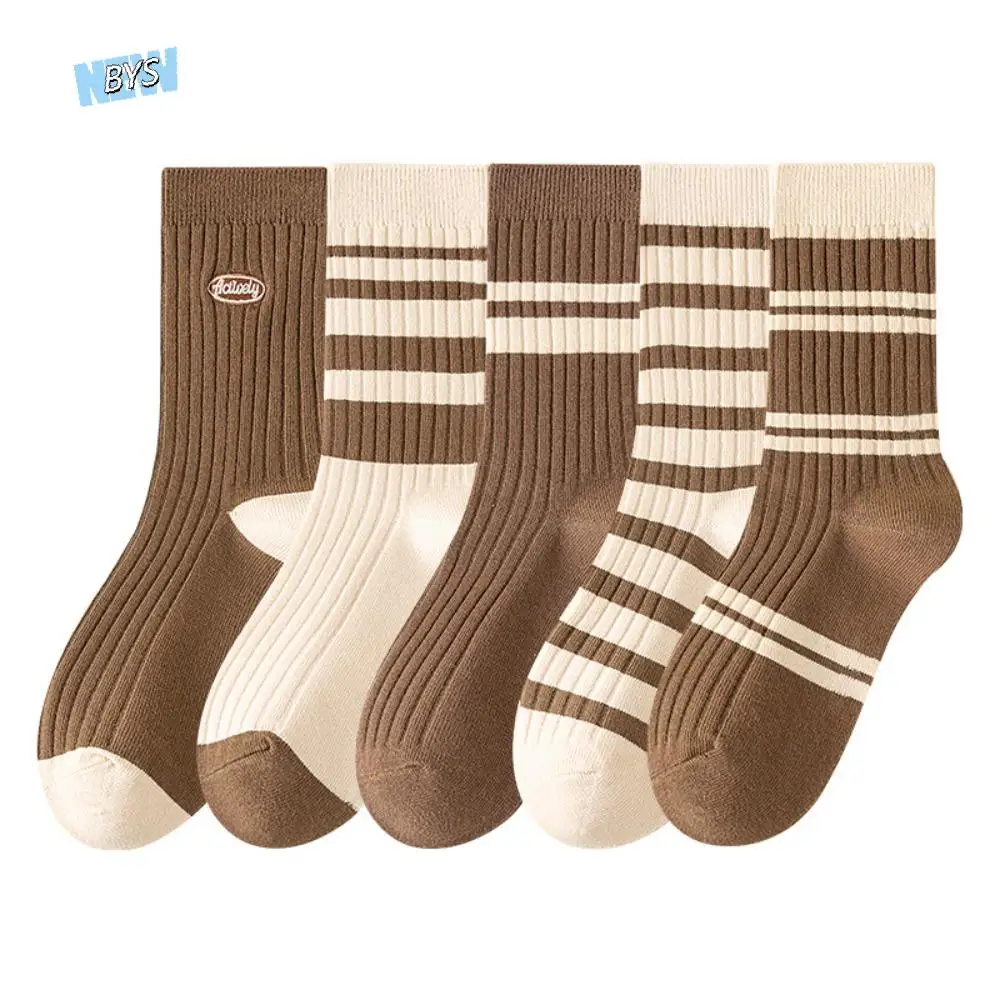 

5Pairs College Style Retro Women's Cotton Socks Breathable Thin Stripe Tube Socks Soft Hosiery Mid-calf Socks Keeping Warm