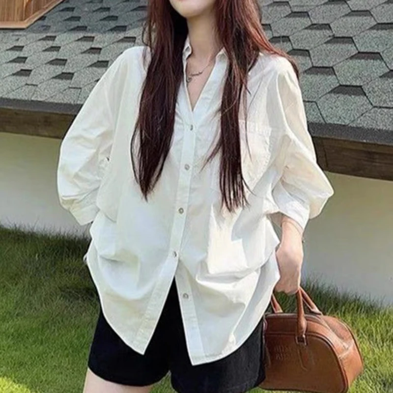 Korean Loose V Neck Shirts for Women 2026 Chic Sliming Waist Design White Blouse Woman Pleated Single Breasted Ladies Shirt