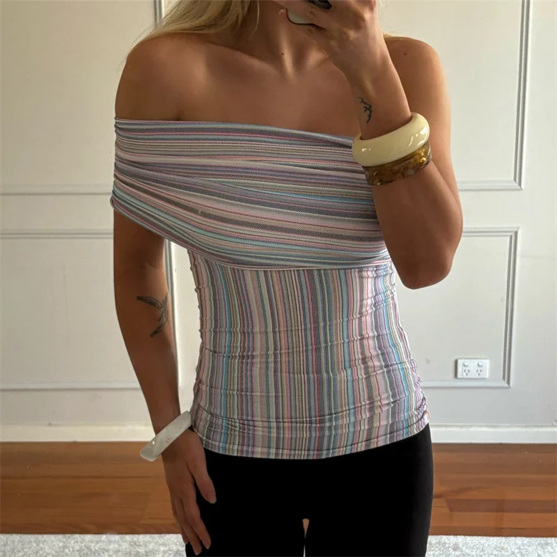Summer Wrap Style Neckline Bandeau Backless Shirts Streetwear Women Y2K Colorful Striped Off-Shoulder Slim Fit Crop Top