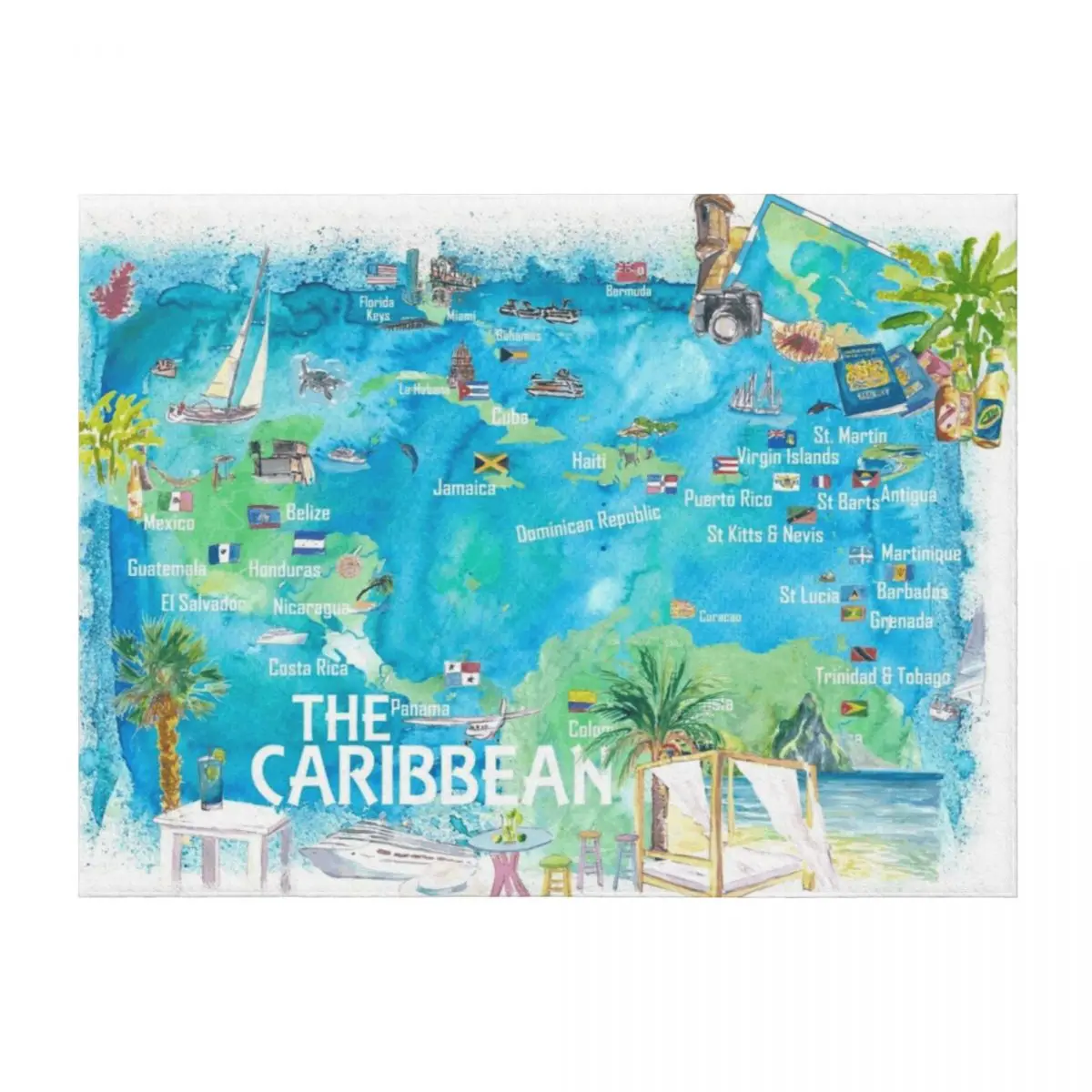 

Eastern and Western Caribbean Illustrated Travel Map with Landmarks Highlights and Impressions Throw Blanket