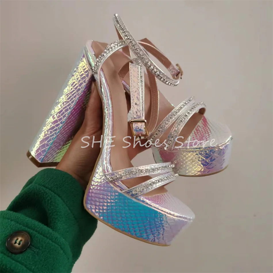 Rhinestones One Strap Women Hight Heels Sandals Sexy Chunky Platfrom Hight Heel Slingback Pumps Ladies Wedding Dress Shoes