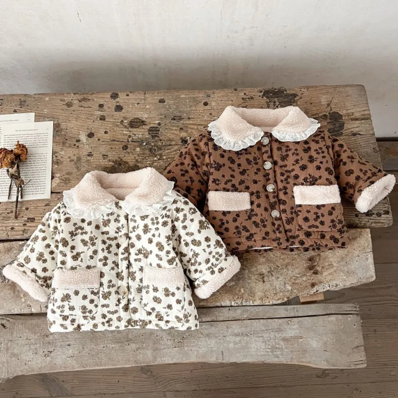 

Newborn Baby Girl Cotton Padded Jacket Winter Coat FleeceInside Infant Toddler Retro Flower Fur Collar Outfit Baby Clothes 3-24M