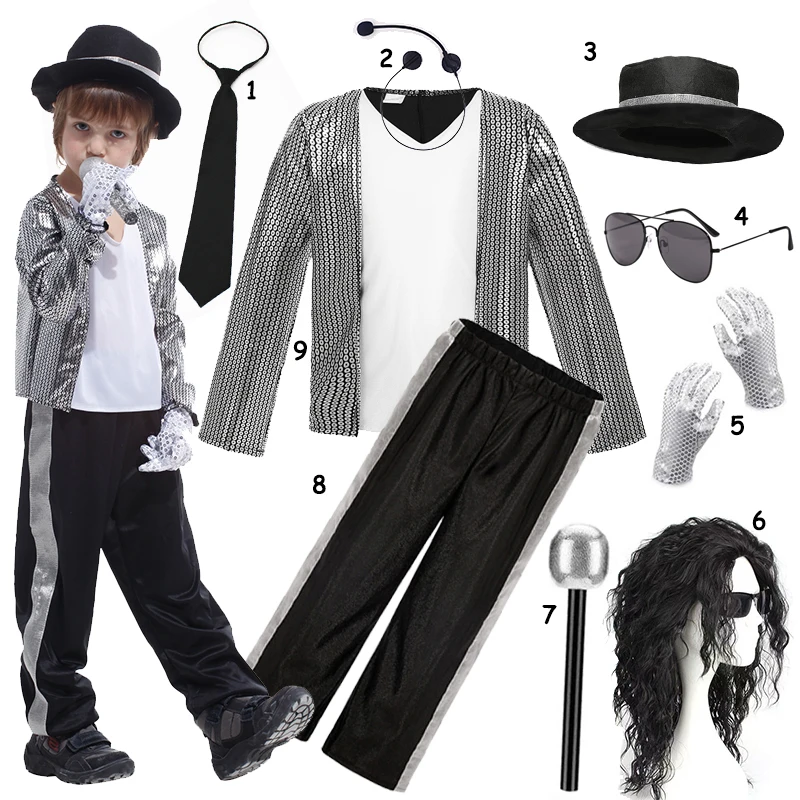 Unisex Kids Retro 70s 80s Pop Rock Star Michael Jackson Moonwalk Costume Girls Boys Halloween Birthday Cosplay Outfit Set