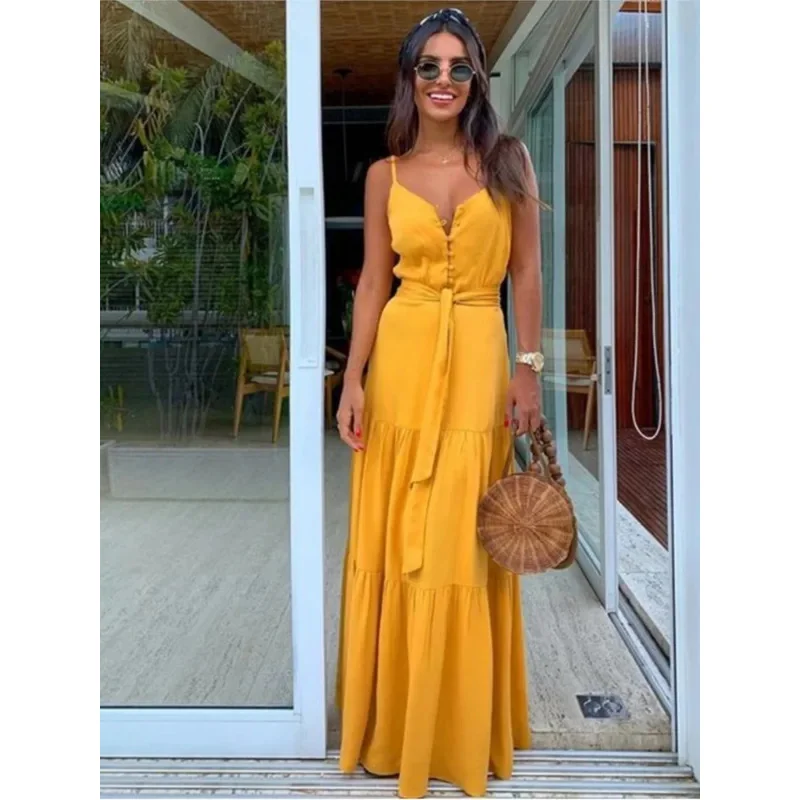 2025 신사 숙녀 패션 v 넥 스파게티 스트랩 드레스 여성 여름 Boho 민소매 우아한 레이디 캐주얼 Maxi BeBear House 002