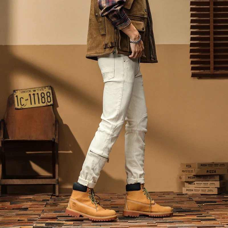 White Elastic Denim Men Streetwear Fashion Casual Slim Fit Vintage Motorcycle Jeans Pants Plus Size Boots Jeans Trousers