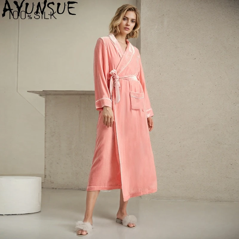 AYUNSUE 19MM 100% Mulberry Silk Robe Women Silk Velvet Elegant Pajama Spring Autumn Womens Home Clothes Lace-up Robes for Woman