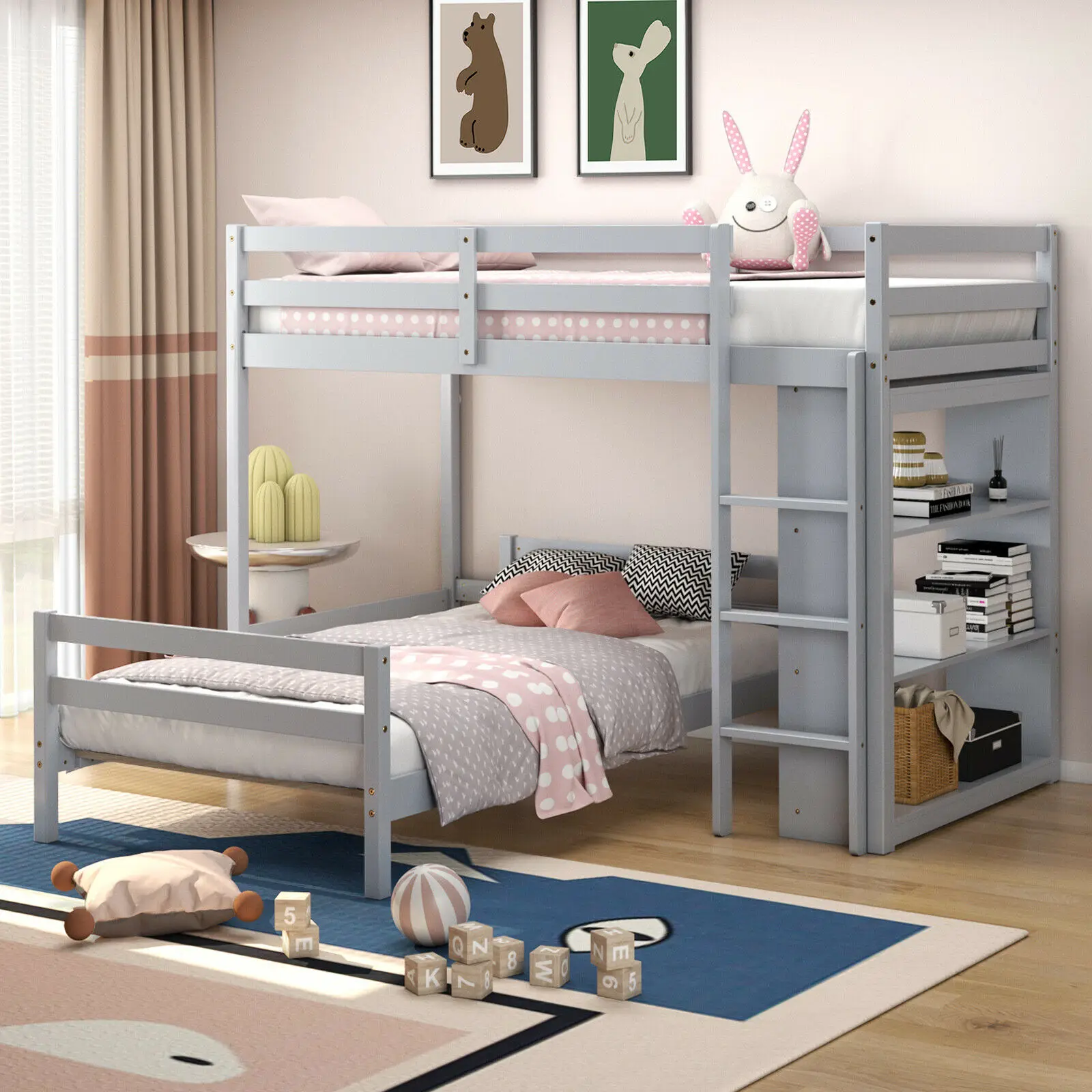 Twin Over Twin Loft Bunk Bed Wood w/Bookcase Guardrail Ladder Kids Bedroom