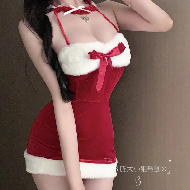 Świąteczna odzież damska 2025 Jesień Zima Nowa czerwona aksamitna sukienka z futerkiem, słodka, seksowna, na ramiączkach, obcisła sukienka damska