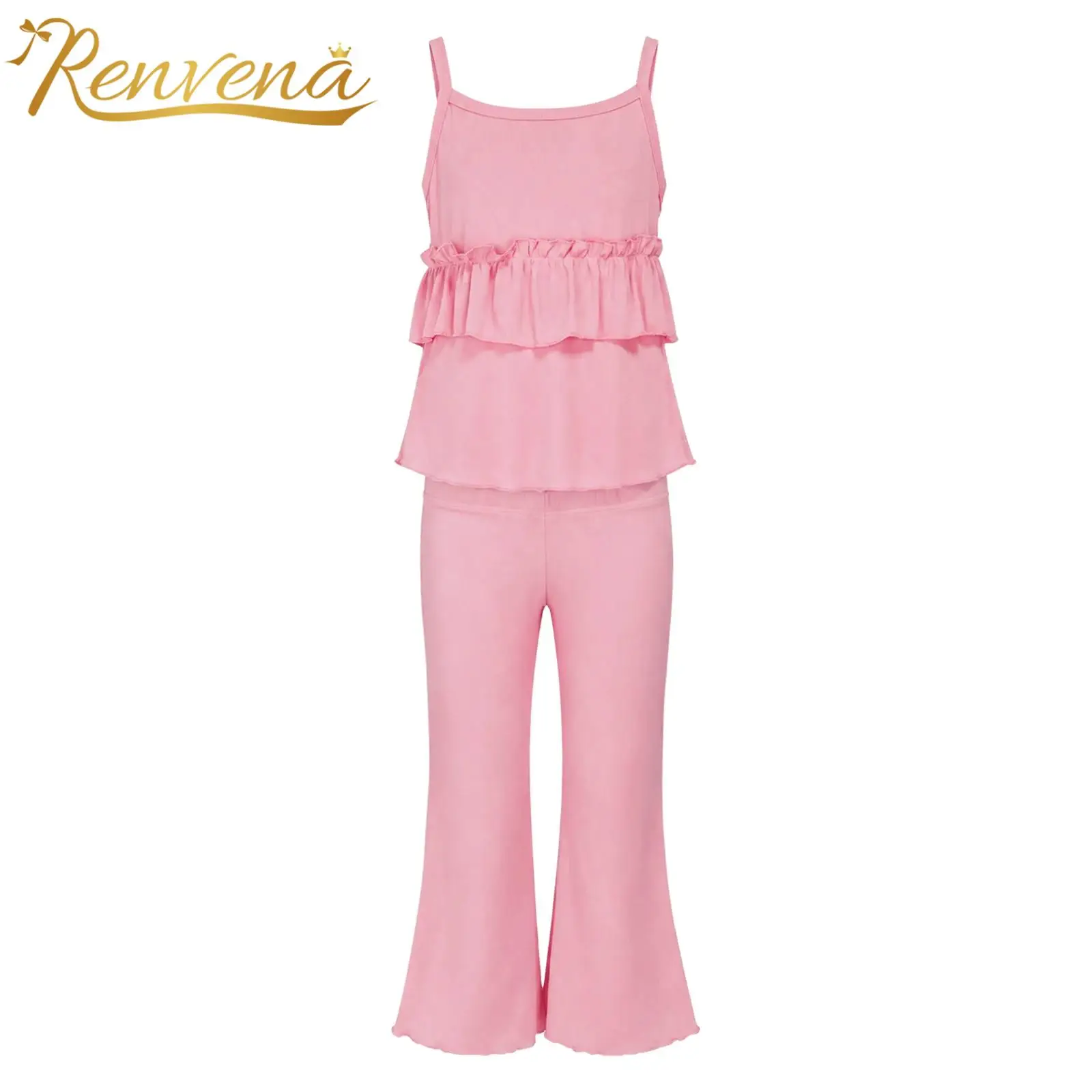 Kids Girls Spaghetti Straps Tops with Flared Pants Set for Daily Wear Vacation Party Two-piece Outfit Children Clothing Suit