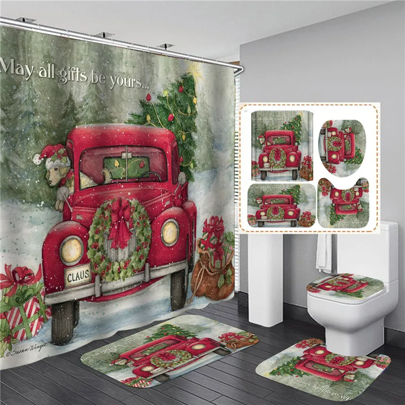 

Merry Christmas Bathroom Shower Curtain Set Waterproof Bathtub Curtains Christmas Tree Non-Slip Bath Mat Toilet Cover Rug