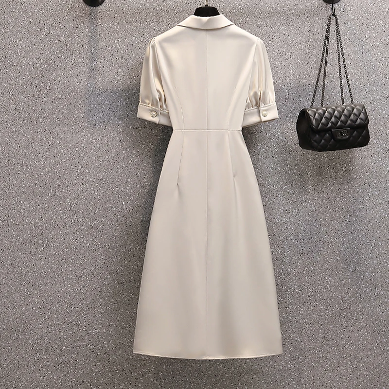 Elegant Long Dresses For Women Summer Female Suit Collar Short Sleeve Large Size ​Solid Color A Line Pleat Pearl Button Vestidos