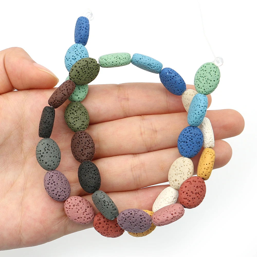 

Classic Volcanic Rock Oval Flat Beads Multi-size Dyed Natural Stone Polished Straight-hole Loose Bead 1 Strand DIY Jewelry Gift