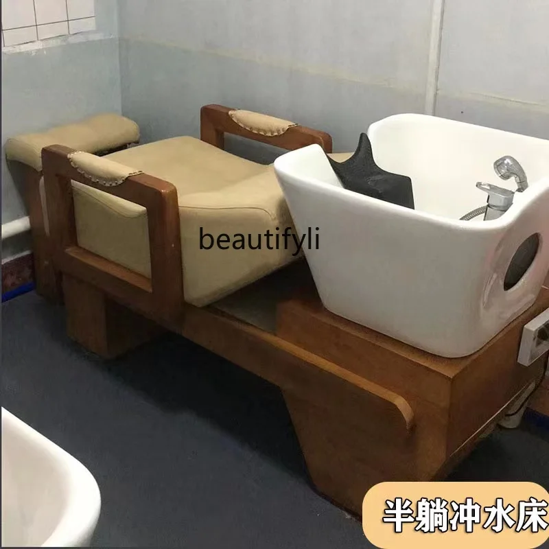 Hair Salon Chair Lying Completely Barber Shop High-End Ceramic Basin Ear Cleaning Hair Care Solid Wood Flushing Shampoo Chair