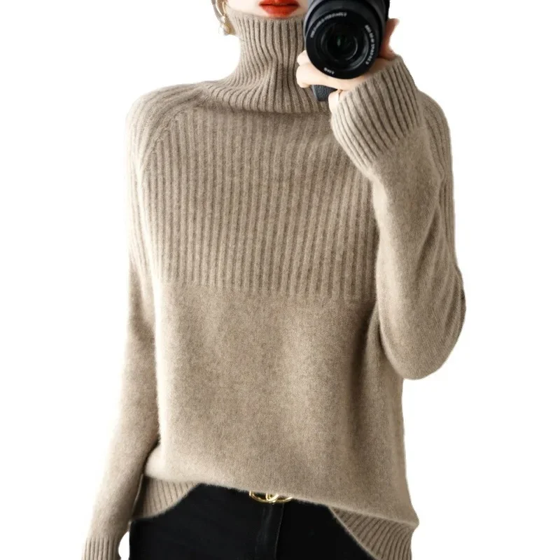 Frauen Lose Faul Stil Langarm Overhead Gestrickte Basis Shirt Einfarbig Volle Hülse Herbst Winter Dicke Hohe Kragen Pullover