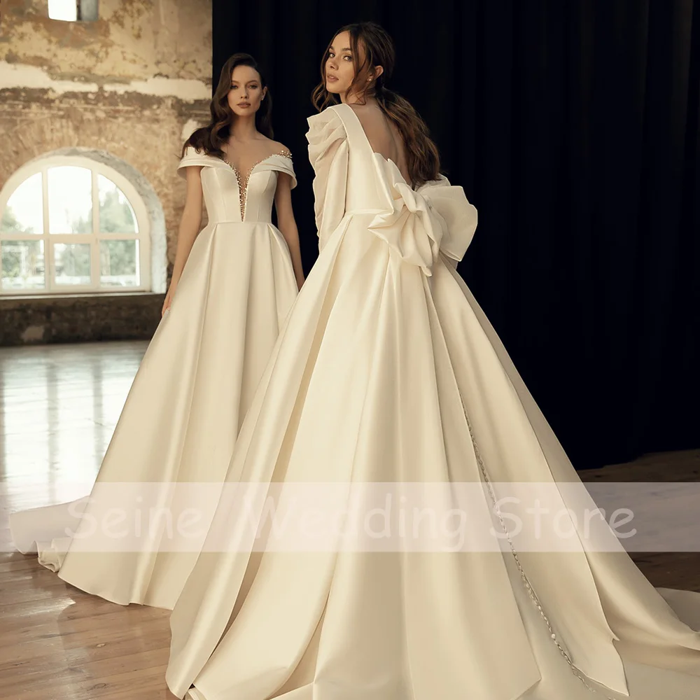 Luxus Hochzeit Kleider Elegante Satin V-ausschnitt Zurück Bogen Hochzeit Kleider 2022 Frauen Hohe Qualität Backless Langen Ärmeln Braut Kleid