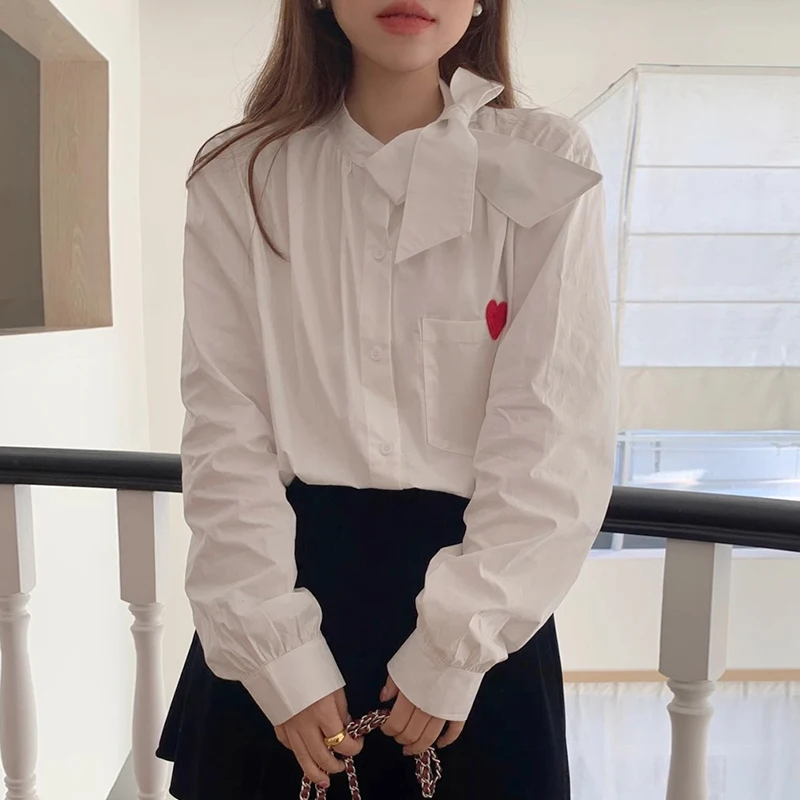 Nomikuma Korea Chique Lente Elegante Opstaande Hals Strik Causa Hitkleur Love Hart Lange Mouw Blouse Vrouwen 2024 Nieuwe Top Shirt