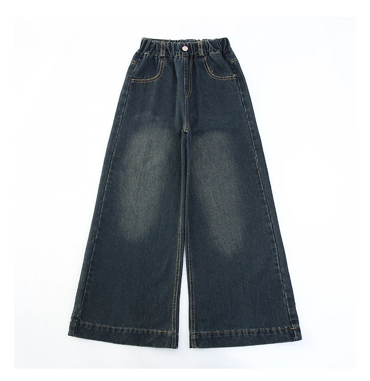 Modische High-Waist-Jeans mit weitem Bein für Teenager-Mädchen, Streetwear, lockere Denim-Hose, gewaschene dunkelblaue Jeans, Hose, Größe 5-14. – Detail 15