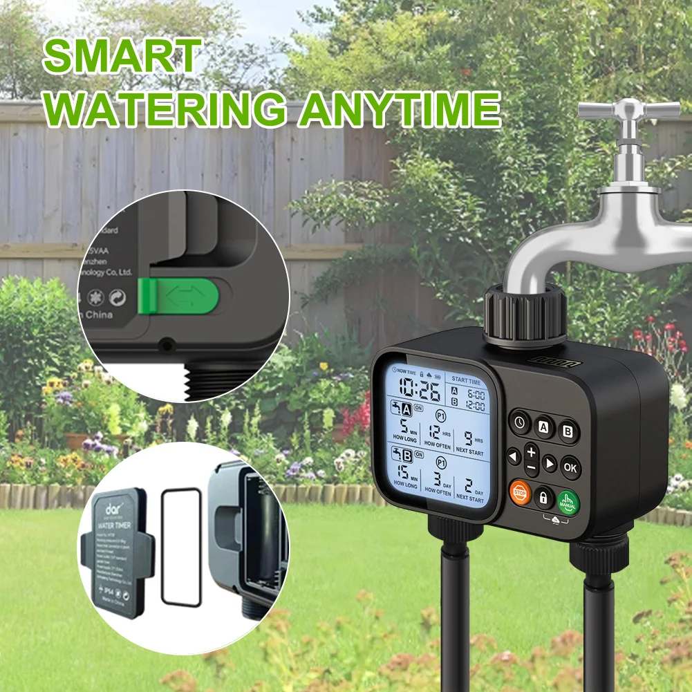 

2-Outlet Garden Water Timer Automatic Timed Solar Irrigation Timer System Outdoor Home Garden Lawn Greenhouse Sprinkler Tool