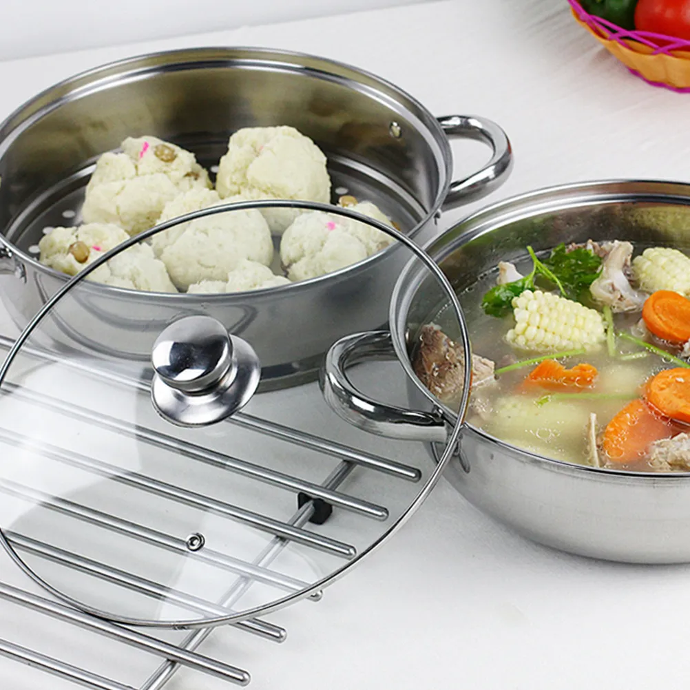 

28Cm Double Layer Soup Steamer Pot Stainless Steel Multifunctional Cooking Boiler Steam Pot For Healthy Cooking Silver Stockpot