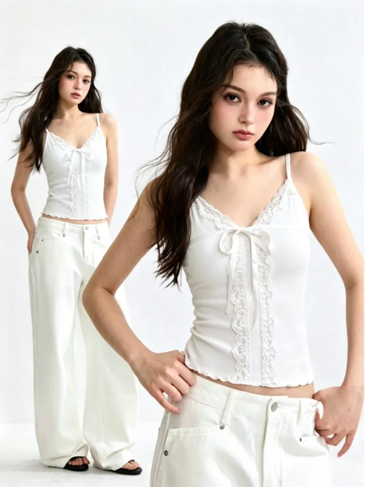 Summer Lace Crop Top Women's Slim Fit Camisole Vest Inner Wear Outer Wear Base Shirt Big Size plus Size Cotton 95% Elastic Fi...