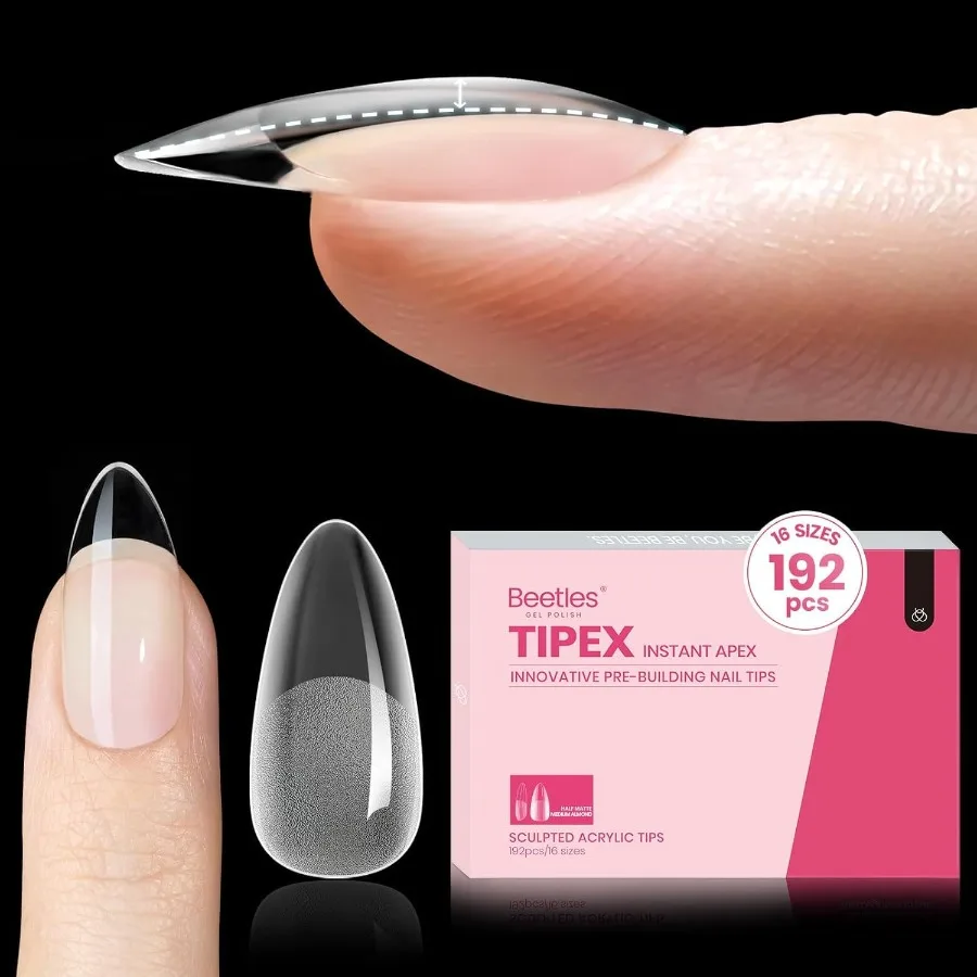 

Типсы для ногтей Beetles Tipex Instant Apex, миндальные, средние, акриловые типсы, предварительно выгранутые, для предварительного сборки, прочные, толстые, долговечные, 16 размеров 1