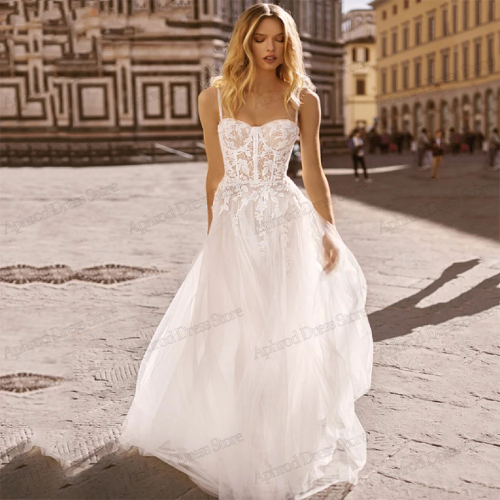 

Graceful Wedding Dresses A-Line Bridal Gowns Lace Appliques Sexy Spaghetti Straps Robes Floor Length Elegant Vestidos De Novia