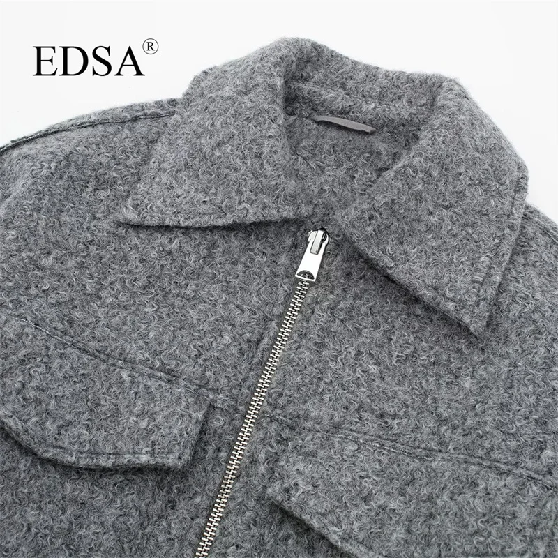 EDSA Women Solid Bomber Jacket with Flap Pockets Front Zipper Lapel Autumn Winter Casual Cropped Outerwear