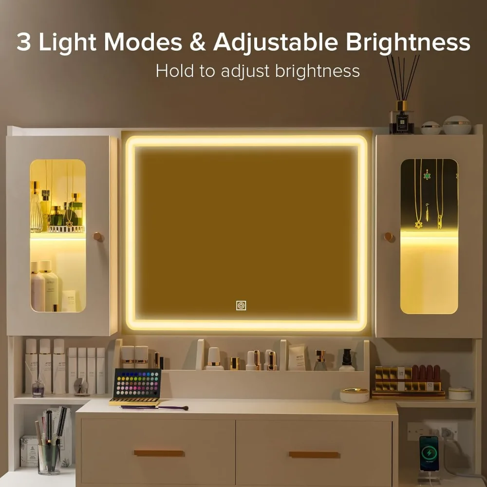 مكتب زينة مكياج بإضاءة LED مع خزانة تخزين بيضاء، 8 أدراج، مخرج طاقة، ومرآة معززة لتعزيز الجمال